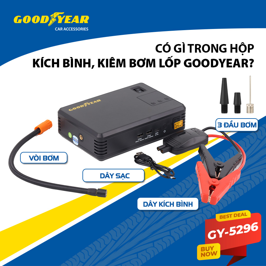 Bộ kích điện+bơm hơi Goodyear GY-5296 12V 10400mAh - 400A - 38.48Wh-2.6A 150PSI-21L/min mặt đồng hồ điện tử