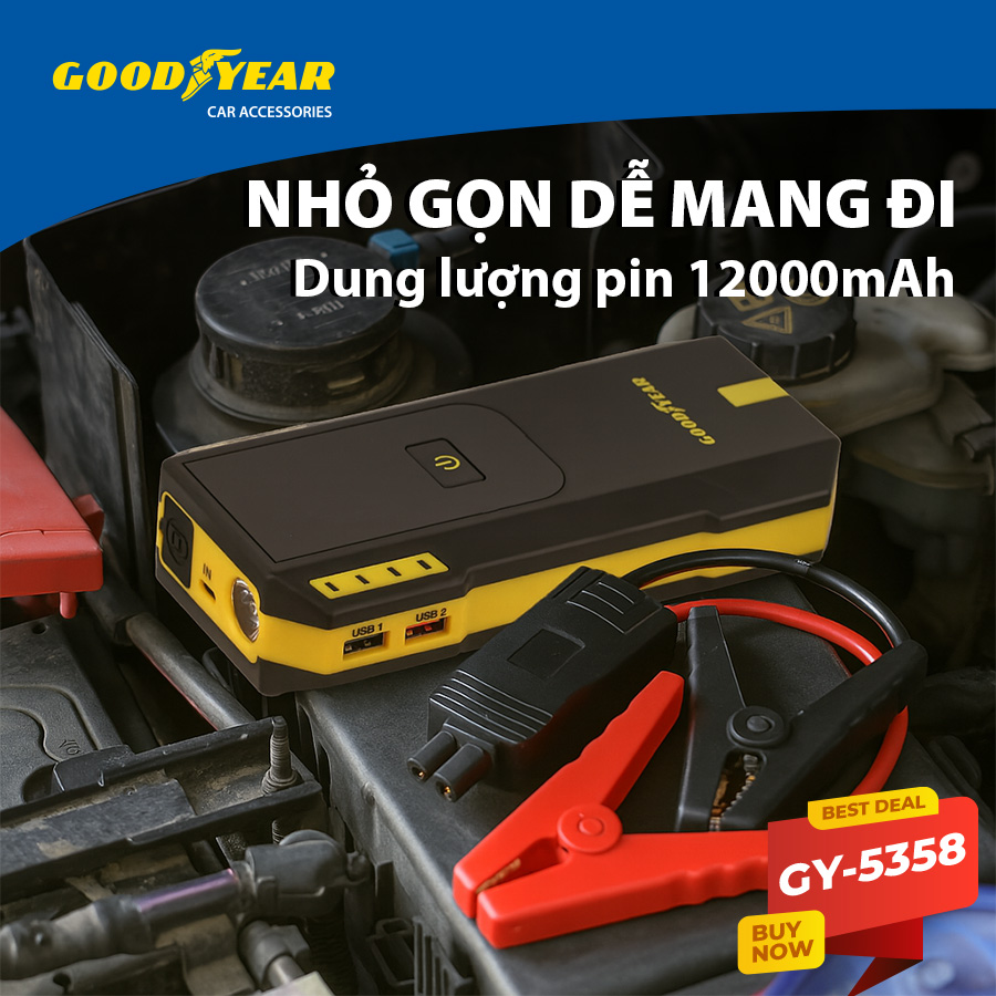Bộ kích điện GOODYEAR GY-5358 12V 12000mAh - 670A - 44.4Wh - 3.0A mặt đồng hồ điện tử